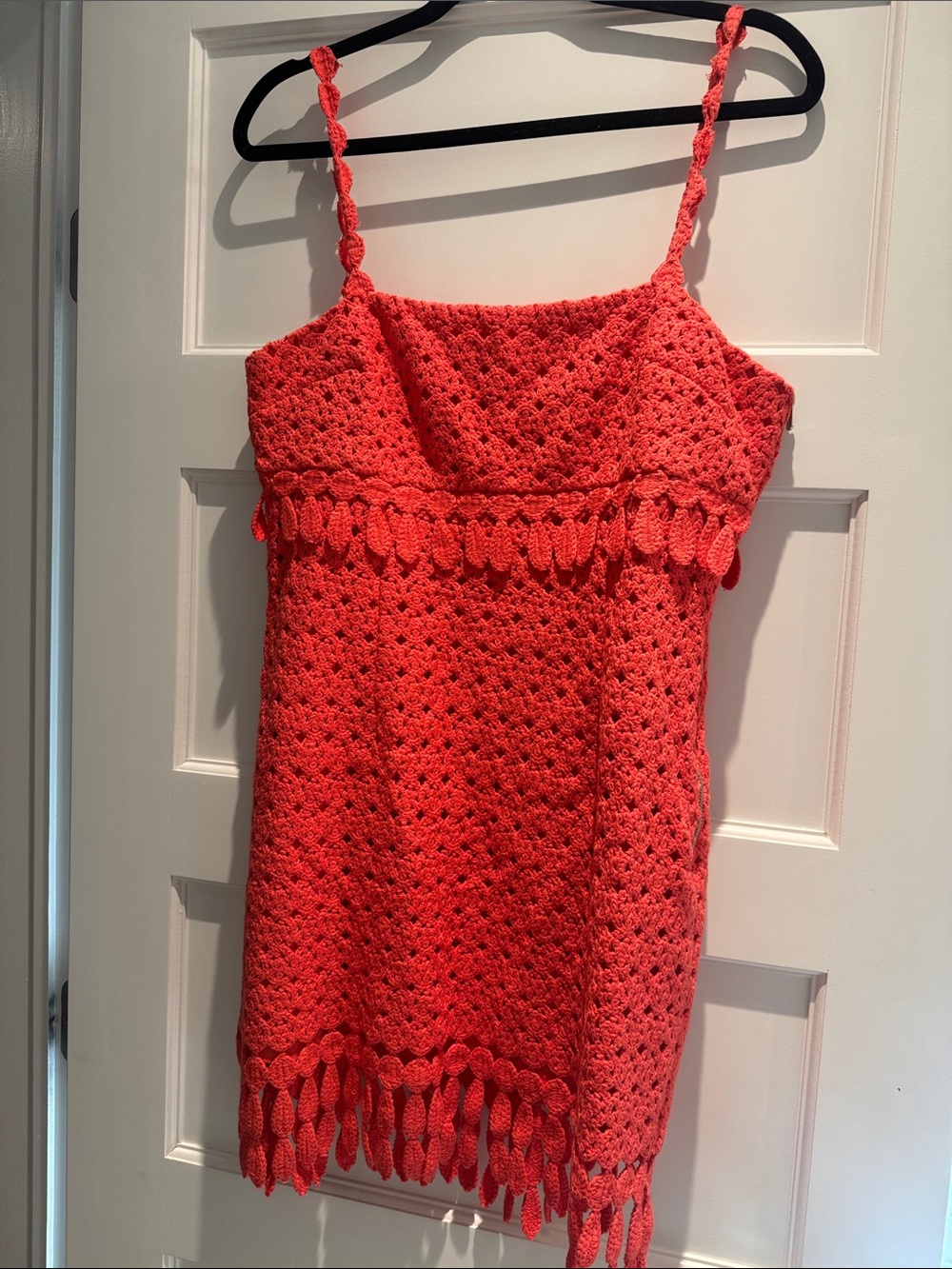 SAYLOR Bright Coral Red Crocheted Trim dress